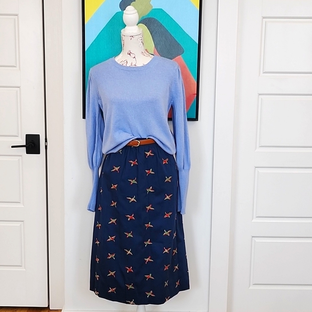 Navy Bird Embroidered Skirt